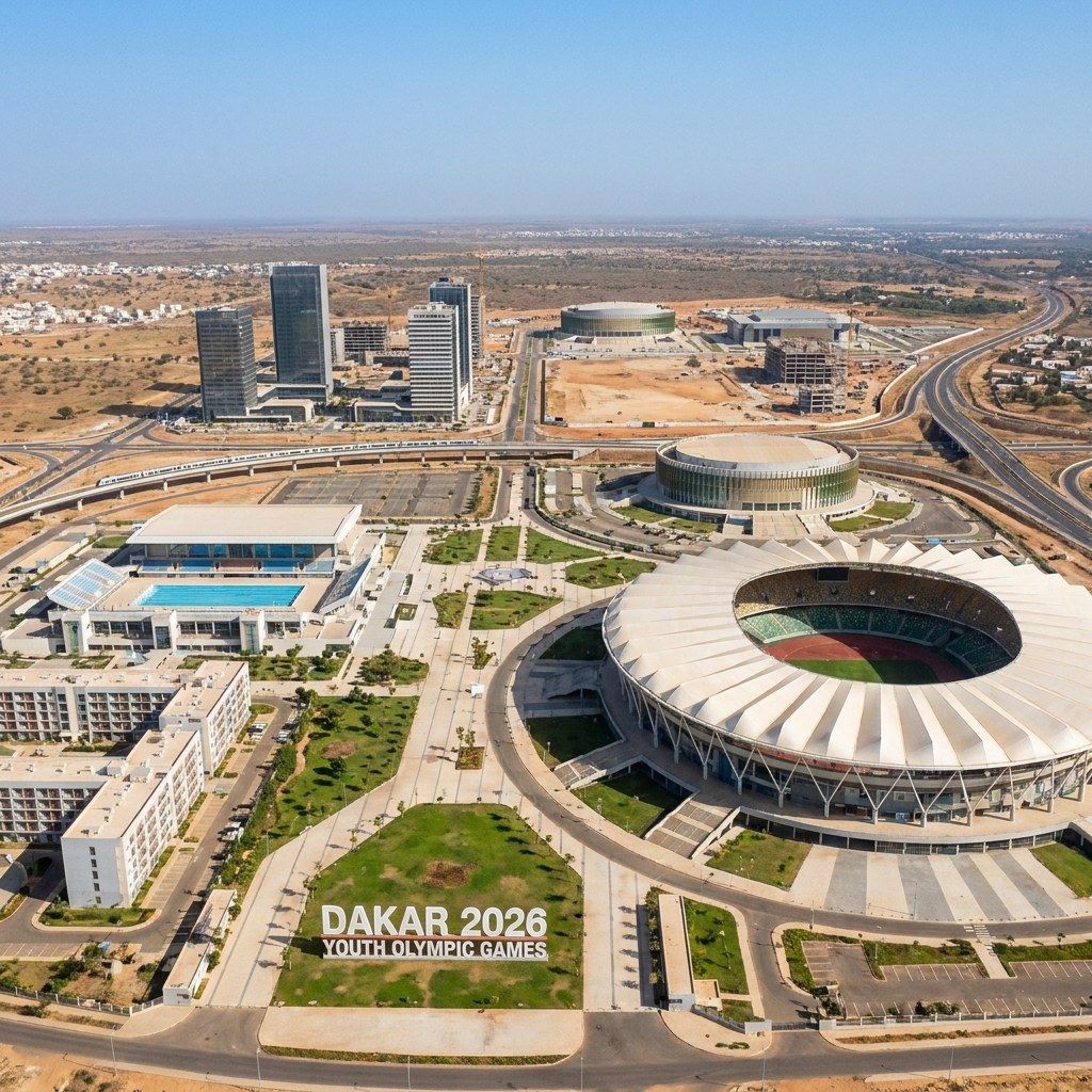 Vue du pôle urbain de Diamniadio, site des JOJ Dakar 2026, avec infrastructures modernes en arrière-plan