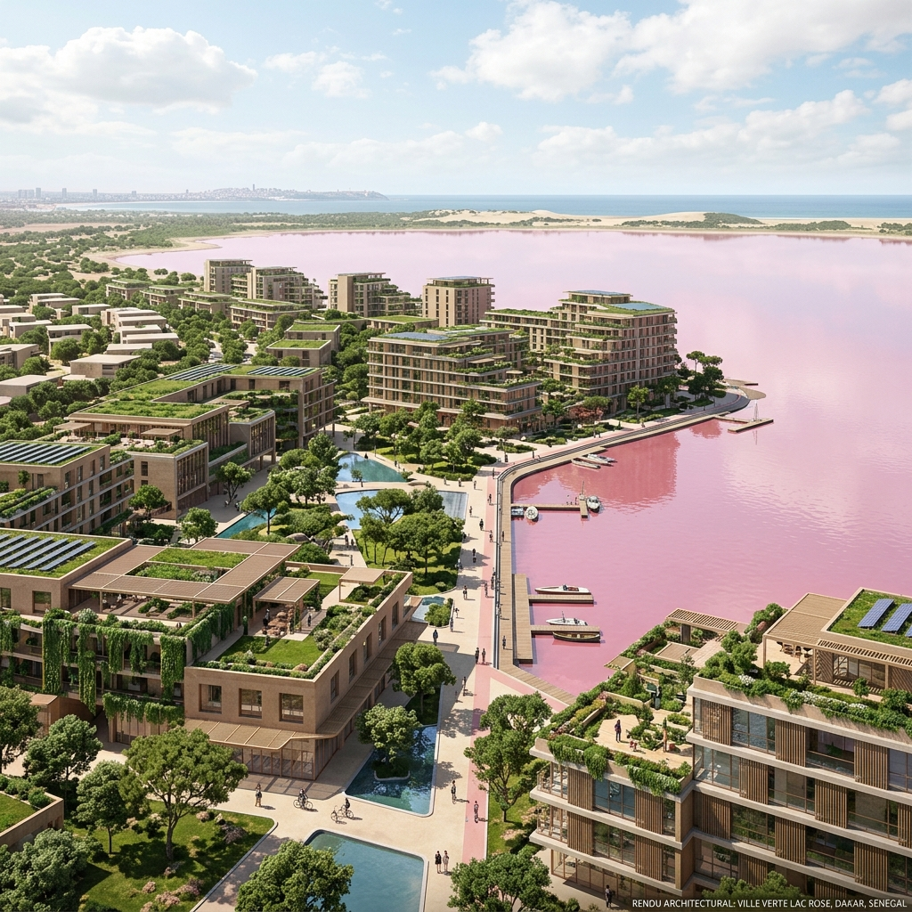 Rendu architectural du projet Ville Verte Lac Rose en bordure du Lac Rose, près de Dakar